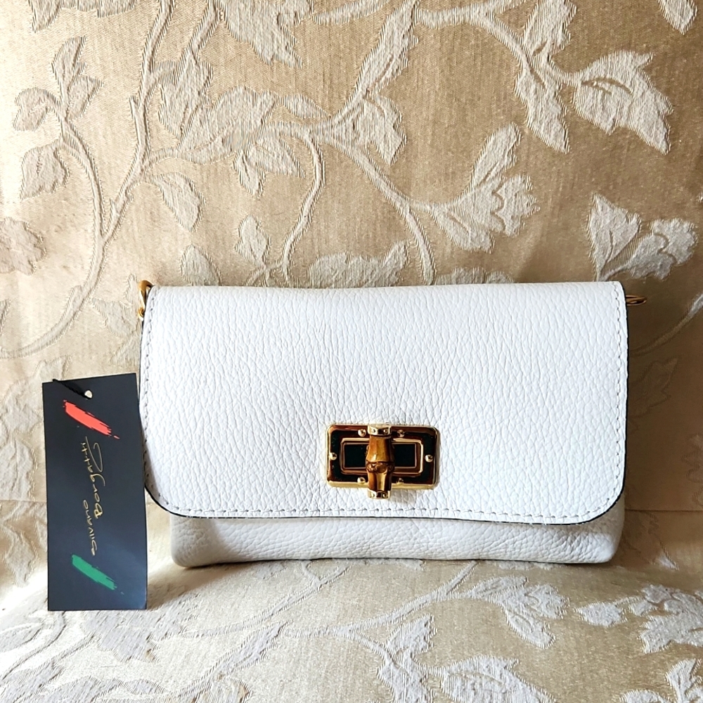 New with Tag-Tiny bamboo closure leather clutch, white